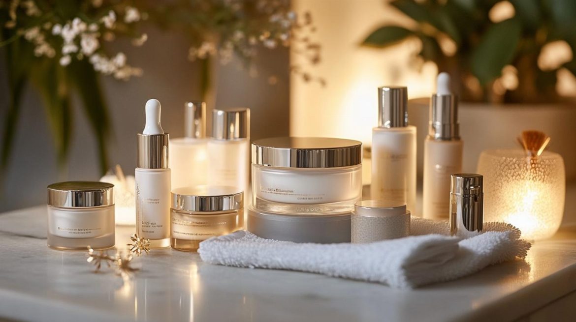 Gamme de produits cosmétiques de luxe et soin contour des yeux disposés sur une serviette blanche dans une ambiance lumineuse et sereine